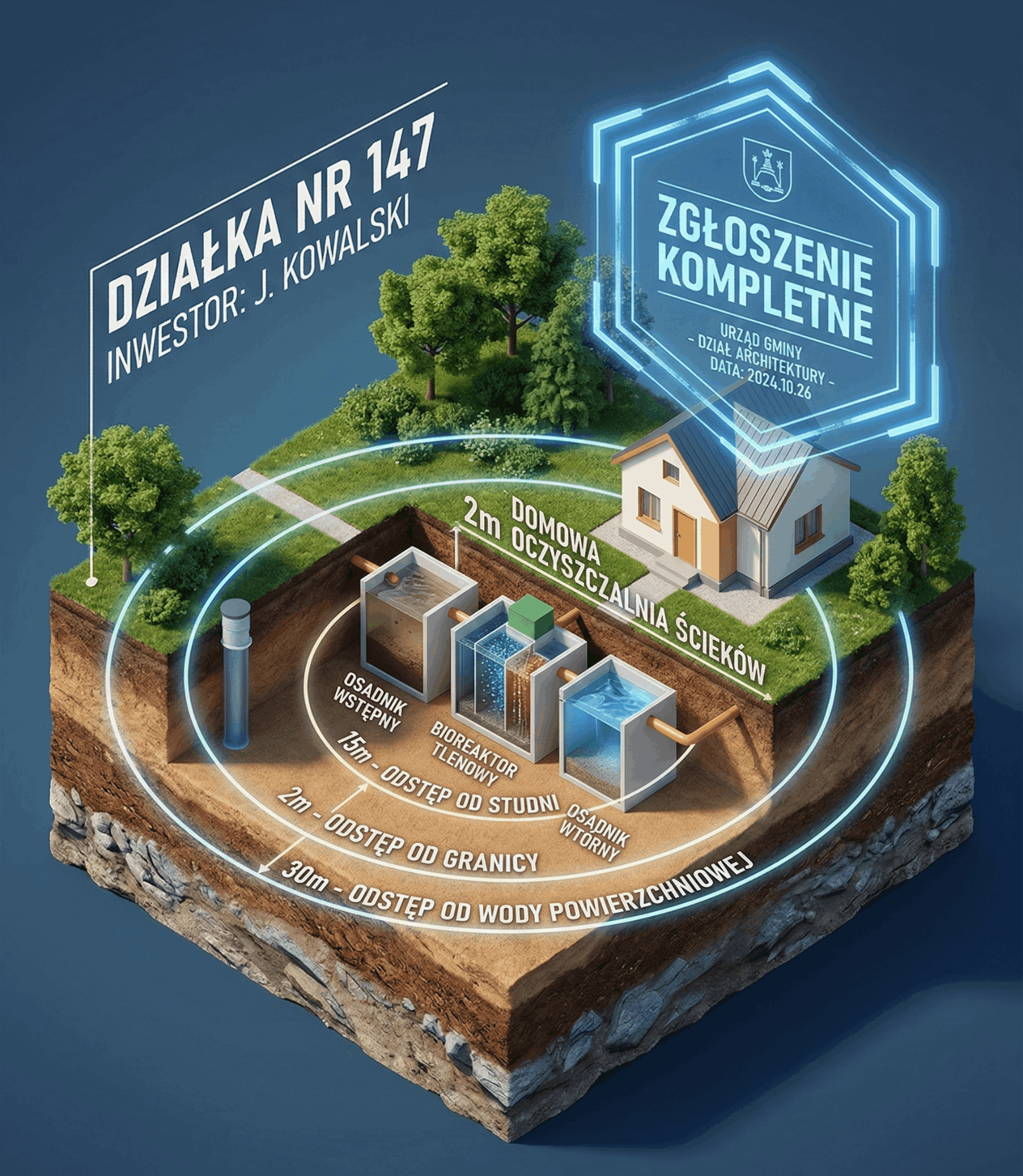 Izometryczny przekrój działki z zaprojektowaną oczyszczalnią
